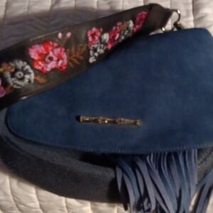 Elaine Turner Blue Suede Women's Bag with Floral Strap